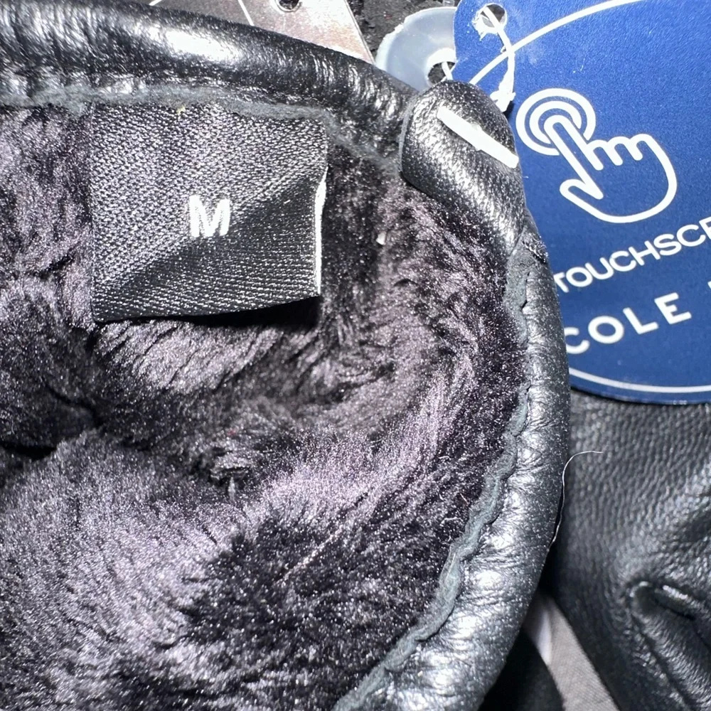 Cole Haan Woven Backed Gloves TOUCHSCREEN Leather Glove in Black MEDIUM NWT
